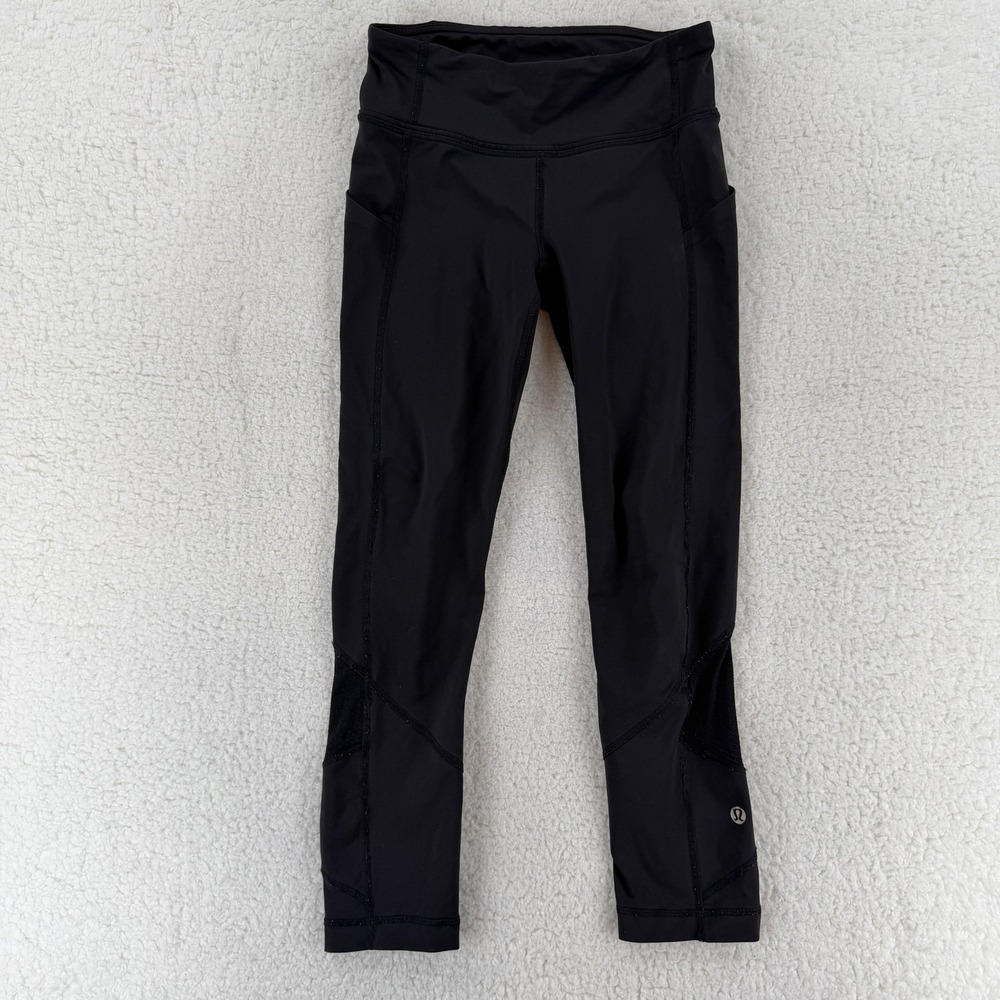 Lululemon Pants Womens 2‎ Black High Rise Crop Leggings Mesh Pockets Running